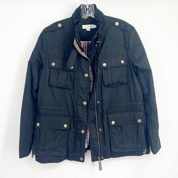 Boden Field Jacket Waxed Fitted Coat size 10 Plaid Lining Black with green trim - Picture 12 of 13